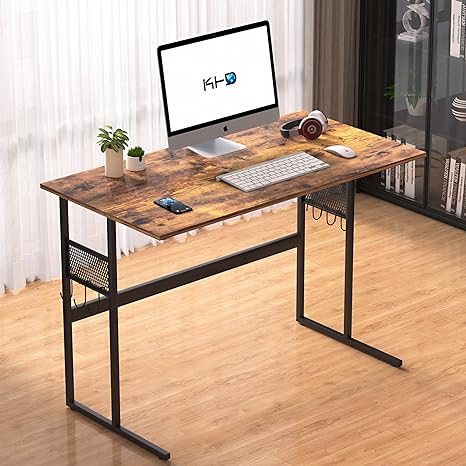 VECELO 44 Inch Computer Desk with Storage Sturdy Laptop No Assembly Required Study Table for Small Spaces Home Office Adjustable Feet and Water Proof Surface,Brown