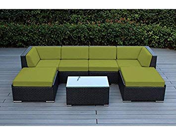 Ohana 7-Piece Outdoor Patio Furniture Sectional Conversation Set, Black Wicker with Peridot Cushions - No Assembly with Free Patio Cover