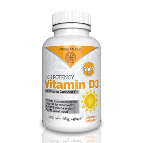 Vitamin D3 5000iu with Organic Coconut Oil for Maximum Absorption - 240 Mini Softgels supports Immune System and Bone Health