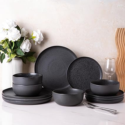 AmorArc Ceramic Dinnerware Sets, Wavy Rim Stoneware Plates and Bowls Sets, Highly Chip and Crack Resistant | Dishwasher & Microwave Dishes set, Service for 4 (12pc)-Speckled Matte Black