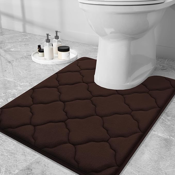 OLANLY Memory Foam Toilet Rugs U-Shaped 20x20, Ultra Soft and Absorbent Bathroom Rugs, Non-Slip Thick Toilet Bath Mat, Machine Wash Dry, Contour Bath Rugs for Toilet Base, Brown