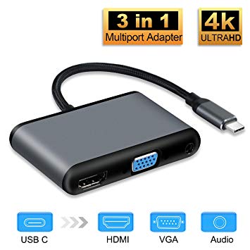 ZAMO USB C to HDMI VGA Audio Adapter, 3-in-1 USB 3.1 Type C to 4K HDMI 1080P VGA Digital AV Adapter, 4K Type C Dongle Dual Video Converter Compatible with MacBook Pro 2017,Samsung S8/S8