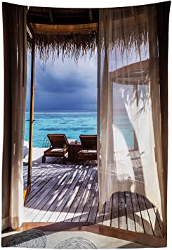 Lunarable Coastal Tapestry, Romantic Wooden Bungalow on The Water Deckchairs Maldives Beach Summer Relax, Fabric Wall Hanging Decor for Bedroom Living Room Dorm, 30" X 45", Brown Blue