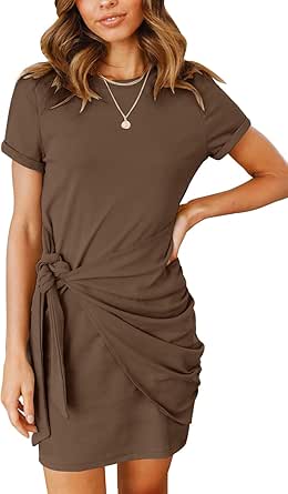 MEROKEETY Women's Short Sleeve Crew Neck T Shirt Dress Tie Waist Ruched Bodycon Mini Dress