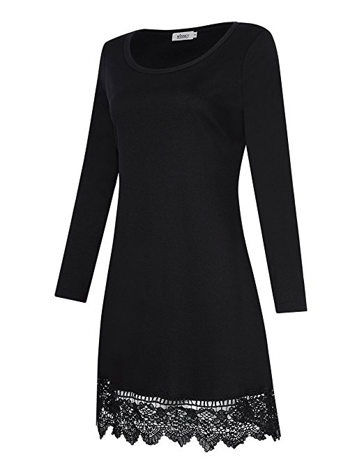 MISSKY Women Floral Lace Stitching A-line Long Sleeve Loose Causal Knee Length Dress