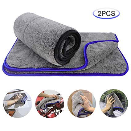 Qhui Microfiber Cloth 1000 GSM 2 Packs Lint Free Microfibre Car Cleaning Cloths, Super Absorbent and Ultra-Thick Large Microfibre Drying Towel for Car Polishing, Waxing, Home