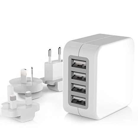 Travel Charger Adaptor- TURATA 4 USB Universal Worldwide Wall Charger Travel Adapter for Cell Phones and Tablet With UK EU AUS US Removable Plugs (White)