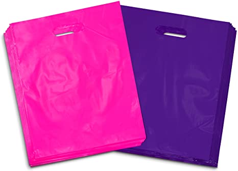 100 - Heavy Duty Purple and Hot Pink Glossy Merchandise Bags, Shopping Bags, 12” X 15” with Die Cut Handle, No Gusset, 2.0 Mil.