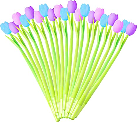 24 Pieces Color Changing Flower Pens Tulip Ballpoint Pen 0.5 mm Black Gel Ink Pen Creative Tulip Rollerball Pen for Teacher Student Kid, School Home Office Writing Supplies, Party Decors