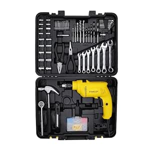 STANLEY SDH550KM-IN 550W 10mm Corded Single Speed Hammer Drill Machine with Mechanical Hand Toolkit (120-Pieces) - Includes Hammer Drill, Measuring Tape, Hammer, 1 Year Warranty, YELLOW & BLACK