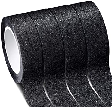 4 Rolls 0.6 Inch x 11 Yards Glitter Washi Tape Crafting Tape Glitter Masking Tape for Festival Decoration Scrapbooking, Bullet Journal, Planner, Gift Wrapping (Black)