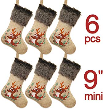 Ivenf Christmas Mini Stockings, 6 Pcs 9 inches Burlap with Embroidered Reindeer Pine Branch Cone and Thick Faux Fur Cuff, Rustic Xmas Tree Holiday Decorations