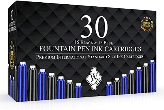 30 Pack - Black and Blue pen Ink Cartridges by Wordsworth & Black - Black & Blue - Short International Standard Size -Disposable