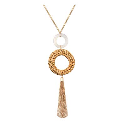 Urwomin Tassel Pendant Necklace Handmade Straw Wicker Braid Statement Pendant Y-Shaped Long Chain Necklace for Women