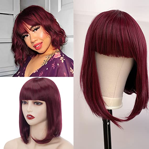 S-noilite Short Straight BOB Wig with Bangs Highlight Cosplay Wigs Synthetic Heat Resistant Women Girls' Party Wigs,Fashion Daily Bob Wig,Wine Red mix Maroon