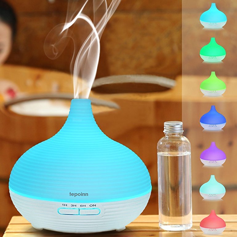 Tepoinn [New Version] 300ml Aroma Diffuser Aromatherapy Essential Oil Diffuser Ultrasonic Cool Mist Humidifier Air Purifier with Waterless AUTO Shut Off and 7 Color Changing LED Lights and 4 Timer Setting Ultrasonic Silent Cool Mist Humidifier for Home, Yoga, Office, SPA, Bedroom