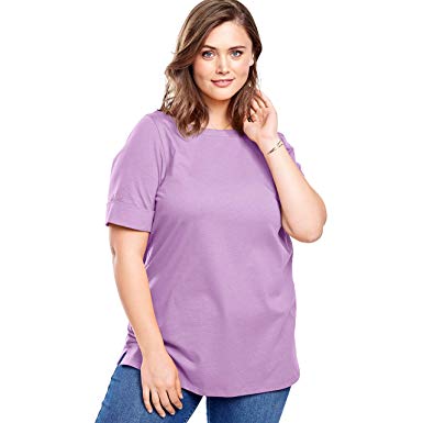 Woman Within Women's Plus Size Perfect Boatneck Cuffed-Sleeve Tee