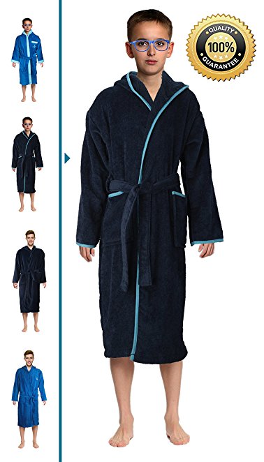 Abstract Bath Robe Towel Men's/Boys 100% Cotton Hooded-Terrycloth-Velour Finishing Outside- 2 pockets- color Navy/Blue