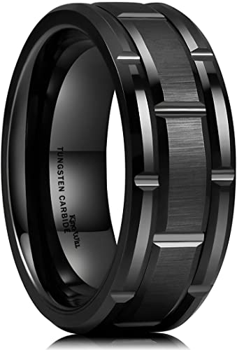 King Will Classic Mens 8mm Black/Gold/Rose Gold Tungsten Carbide Wedding Band Brick Pattern Brushed Finish