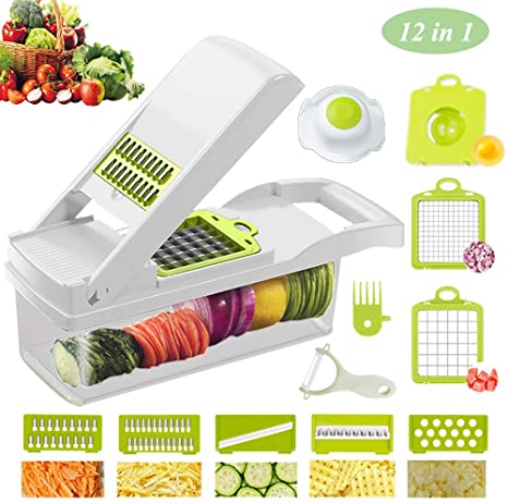 Vegetable Chopper Spiralizer Mandolin Slicer Chopper Grater, 12 in 1 Vegetable Slicer Potato Onion Chopper Veggie Chopper Dicer with Container (White)