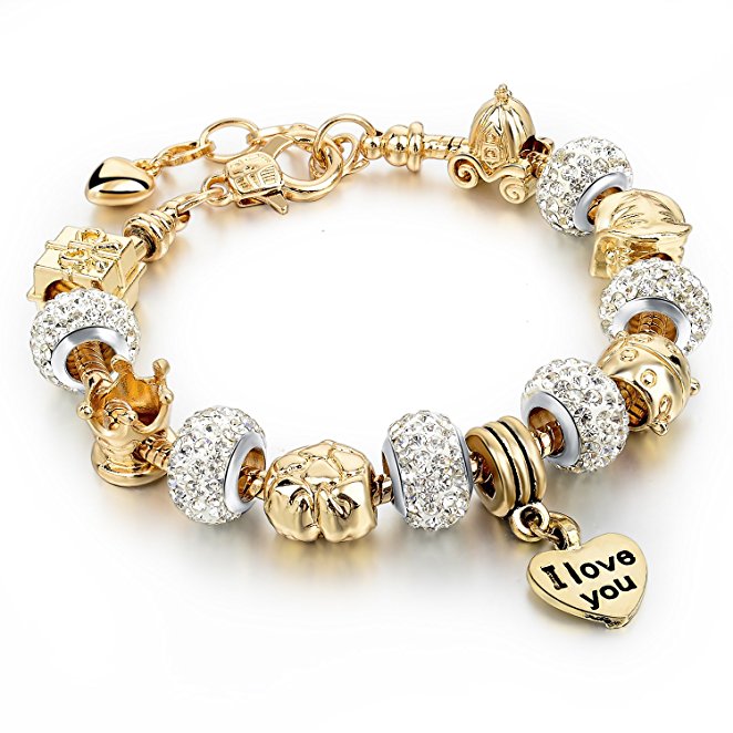 Choker Gold Plated Snake Chain Glass Crystal Beads "I Love You" Charm Beaded Pandora Bracelets for Women