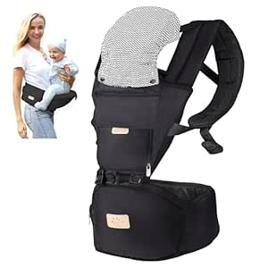 FRUITEAM 6-in-1 Baby Carrier with Waist Stool/Hip Seat for Breastfeeding, One Size Fits All - Adapt to Newborn, Infant & Toddler (Cool Black)