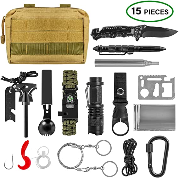 ACVCY Survival Gear Kit, 15 in 1 Emergency Survival Kit Professional Emergency Camping Gear Tactical Survival Kit for Camping Hiking Hunting with Wire Saw Emergency Blanket etc