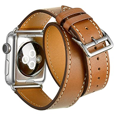 Apple Watch Band,CHEEDAY Double Tour Genuine Leather Bracelet Watch Band With Adapter Clasp for Apple Watch 38mm (Brown)