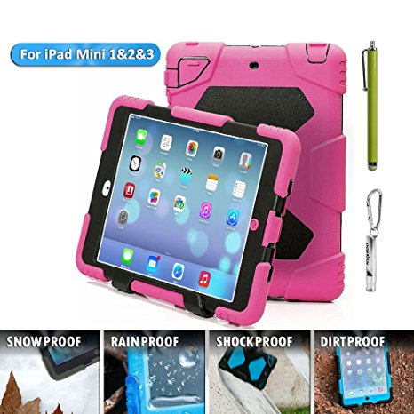 iPad Mini Case, Aceguarder new hot [Kickstand ] Rugged shock proof kids proof Case Cover with Stand and Screen Protector for Apple iPad Mini / Mini 2 / Mini 3 (Gifts Outdoor Carabiner   Whistle   Handwritten Touch Pen)(PINK/BLACK)