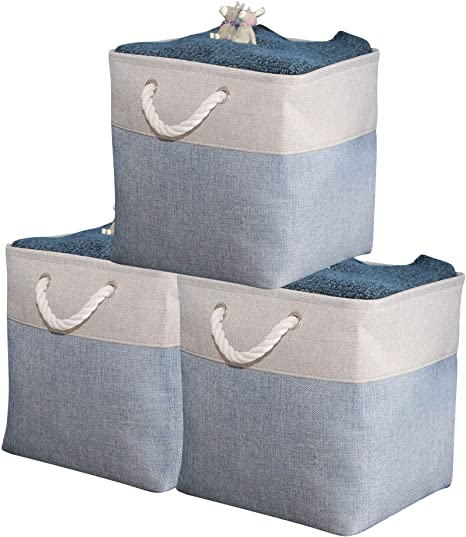 DECOMOMO Foldable Cube Storage Bin | Rugged Canvas Fabric Container with Rope Handles | Great for Organizing Closets, Offices and Homes (Blue/Silver, Cube - 33x33x33cm - 3 Pack)