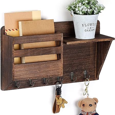 Key Holder for Wall with 6 Key Hooks, Wall Mounted Key Hangers Rustic Decorative Wood Key Rack, Wooden Mail Organizer with Shelf for Entryway Mudroom Hallway Bedroom Living Room, Brown