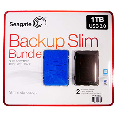 Seagate Backup Slim 1TB USB 3.0 Bundle Slim Portable Drive with Case - Black Drive - Blue Case