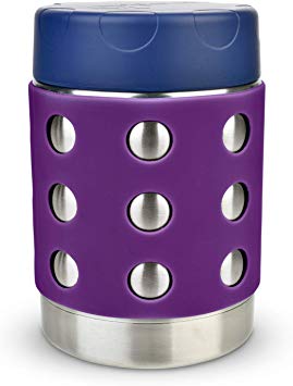 LunchBots Thermal 12 oz Triple Insulated Food Container - Hot 6 Hours or Cold 12 Hours - Leak Proof Thermos Soup Jar - All Stainless Interior - Navy Lid - Purple Dots