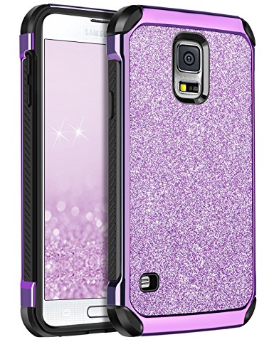 Galaxy S5 Case, BENTOBEN Glitter Bling Luxury 2 in 1 Hybrid Ultra Slim Hard Laminated with Sparkly Shiny Faux Leather Chrome Shockproof Protective Case for Samsung Galaxy S5 (i9600), Purple