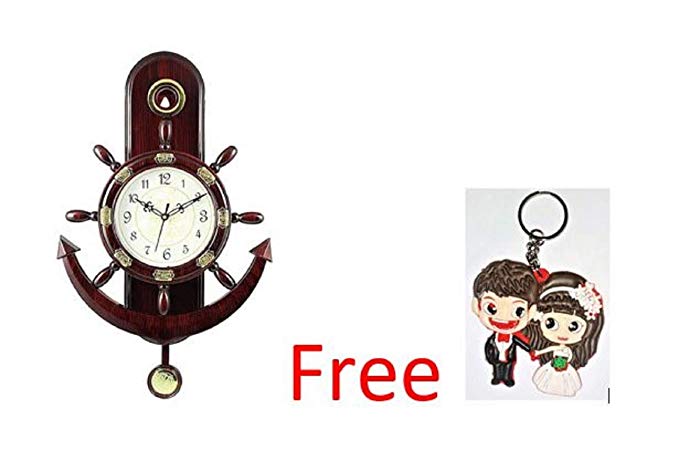 Soumya Creations Pendulam Analog Wall Clock (with Free Keychain) for Home for Living Room Decorative Wall Clock 13X13 Inch (Brown)