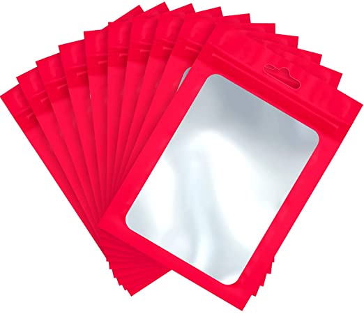 100 Pieces Mylar Bags Smell Proof Bags Resealable Storage Bag with Clear Window Packaging Foil Pouch Bags for Food Storage and Lip Gloss,Jewelry,Eyelash Packaging (Red,3 x 4.7 Inch)