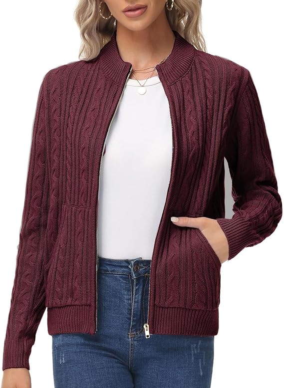 KANCY KOLE Women's Zip Up Cable Knit Sweater Long Sleeve Open Front Cardigan Warm Cardigan with Pockets Outwear Coat