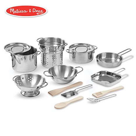 Melissa & Doug Deluxe Stainless Steel Pots & Pans Play Set Pretend Cooking 15 Pcs