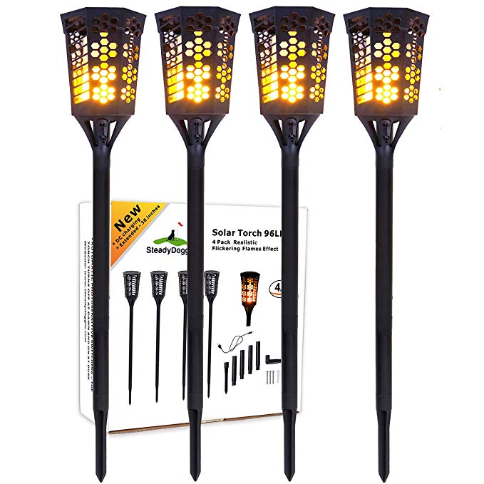 SteadyDoggie Solar Torch Landscaping Light Kit 4 Pack| Flickering Flames Torch Lights | Upgraded with USB Charging | Solar Tiki Torches Outdoor | Dusk to Dawn Lighting with Auto On/Off Switch
