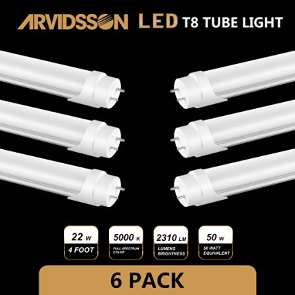 Arvidsson T8 LED Tube Light 4FT 22W[50W Fluorescent Equivalent] 5000K Full Spectrum Daylight- 100-277V Hi Power Super Brightness- T8 Ellipse Linear Tube- Opal Cover Reduce Eye Strain - UL DLC [6-Pack]