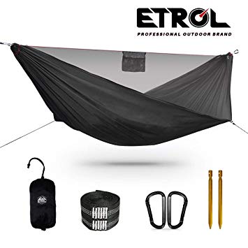 ETROL Camping Hammock, Upgrade Lightweight Hammock with Mosquito Net, Portable Asymmetric Shape Design Ridge Line Hammock for Beach, Backyard, Backpacking Travel, Hiking, or Other Outdoor Activities