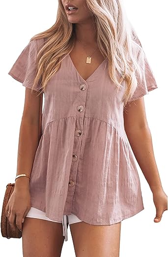 Estink Women V Neck Short Sleeve Blouse, Summer Loose Pure Color Babydoll Tops Ruffle Hem Cotton Tops for Daily Work