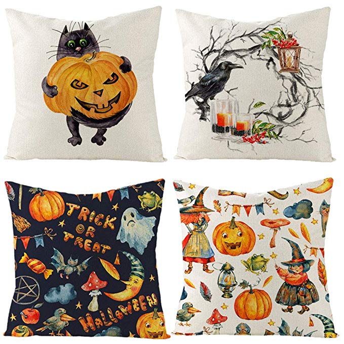 weispo 4 Pack Pumpkin Home Decoration Throw Pillow Case Covers,Halloween Thanksgiving Autumn Printing Cotton Linen Cushion Cover Square 18x18 inch for Car Sofa Bed Couch (Halloween 1)