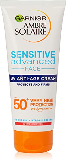 Garnier Ambre Solaire Sensitive Anti Ageing Hyaluronic Acid Face Sun Cream SPF50 , High Sun Protection for Face SPF50  100 ml