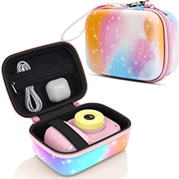 MoKo Kids Camera Case Compatible with Seckton/Goopow/CIMELR/Ourlife/OZMI/GKTZ/Dylanto/PROGRACE/Rindol/Dwfit/hyleton Digital & Video Camera, PU Hard Carrying Bag with Inner Pocket, Pink Starry Sky