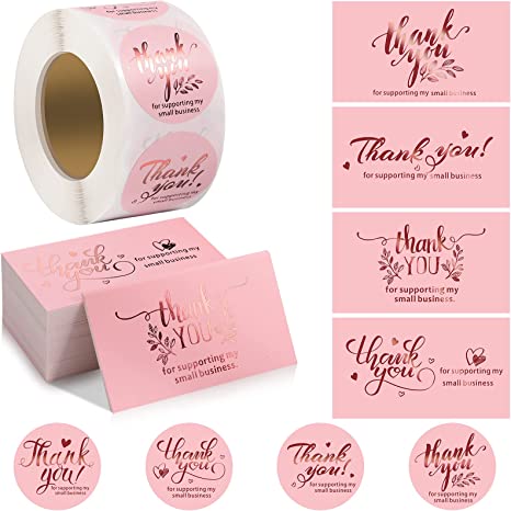 600 Pieces Thank You Cards and Stickers Set Pink Gold Foil Thank You For Supporting My Small Business Cards and Sticker Set for Retail Store Package Insert Envelope Seals Business Owner Sellers