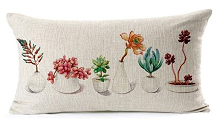 Fresh and colorful hand-painted potted succulents Home Cotton Linen Throw Waist Lumbar Pillow Case Cushion Cover Home Office Decorative Rectangle 12 X 20 Inches