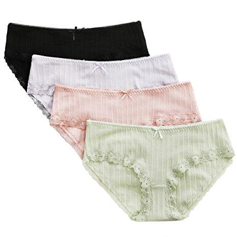 ATTRACO Women's Cotton Brief Panties Soft Underwear Lace Trim 4 Pack