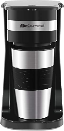 Elite Gourmet EHC111A Maxi-Matic Personal 14oz Single-Serve Compact Coffee Maker Brewer, Includes Stainless Steel Interior Thermal Travel Mug, Compatible with Coffee Grounds, Reusable Filter, Black