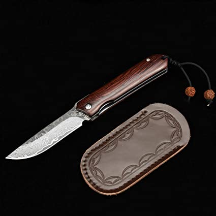 NedFoss Damascus Pocket Knife, Handmade Forged Damascus Steel Folding Knife with PU Leather Sheath, EDC Pocket Knife with Liner Lock and Wood Handle